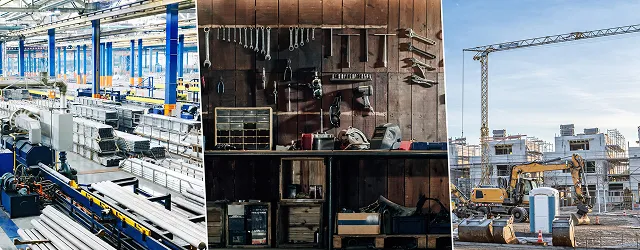 Collage aus Industriehalle, Werkstatt mit Werkzeugwand und Baustelle mit Kran und Bagger.